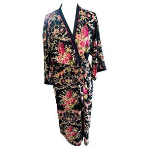 Vintage 1980s Black Oscar de la Renta Pink Label Rose Floral Kimono Robe Sz L/XL